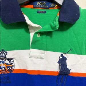 Polo by Ralph Lauren Green, Blue & White Striped Polo with Orange Accents